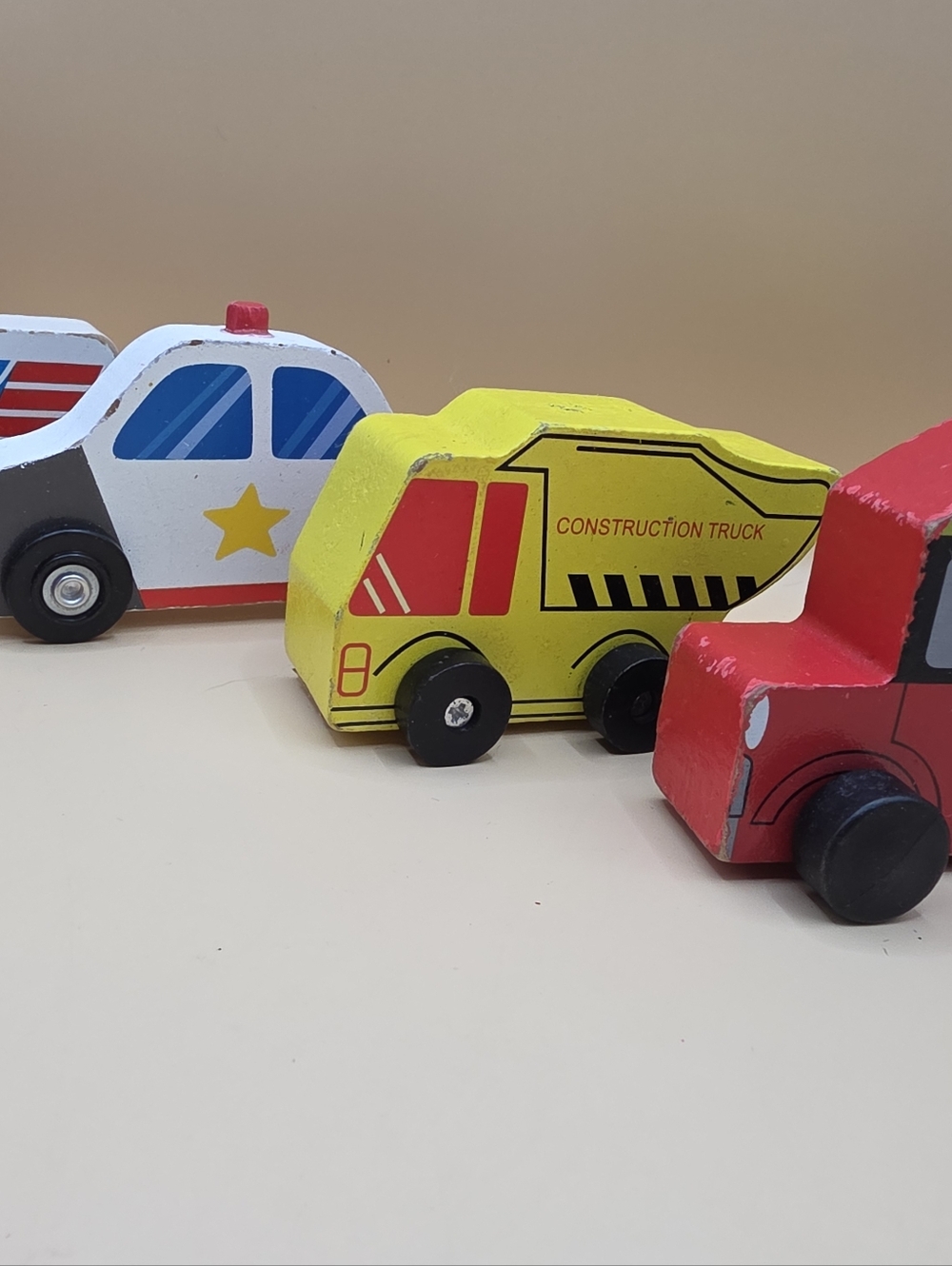 7 Chunky Wooden Vehicles Helicopter Boats Police Car Mail Truck Preschool - Picture 2 of 3